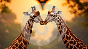 AI-generated illustration of two giraffes nuzzle each other at sunset
