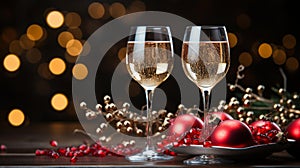 AI generated illustration of two glasses of champagne near Christmas decorations on a table