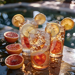 a couple of glasses filled with a drink and lemons photo