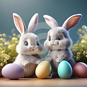 AI generated illustration of two gray rabbits with Easter eggs on a table