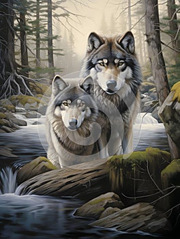 AI generated illustration of two gray wolves stand side-by-side at the edge of a riverbank