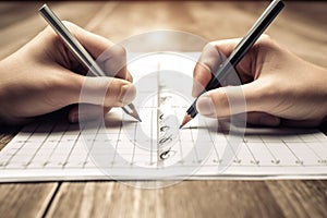 AI-generated illustration of two hands holding a pencil while taking notes in a notebook