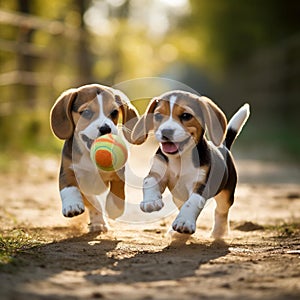 AI generated illustration of two happy puppies running on a dirt road, playing with a colorful ball