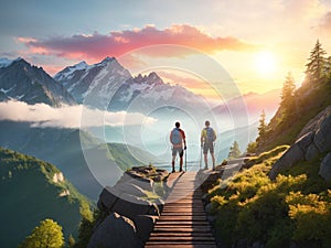 AI-generated illustration of two hikers admiring the view of snow-capped mountains during sunset