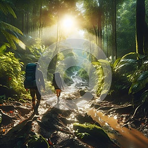 AI generated illustration of two hikers trek through lush jungle trail