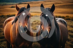 AI generated illustration of two horses stand in a sun-soaked open field, side by side