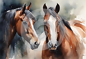 AI generated illustration of two horses standing together in the water