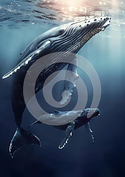 AI-generated illustration of two humpback whales swimming underwater in the ocean depths