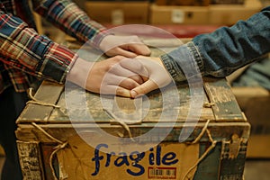 AI generated illustration of two individuals holding hands over a wooden box labelled fragile