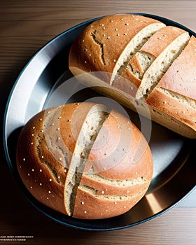 AI-generated illustration of two loaves of bread on a metal plate