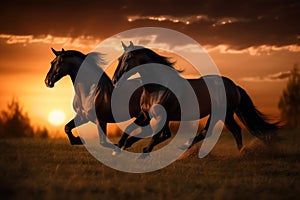 AI generated illustration of two majestic horses galloping across a lush grassy field at dusk