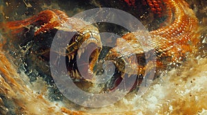 AI-generated illustration of Two massive serpents gracefully gliding through the shimmering water