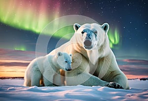 AI generated illustration of two polar bears against a purple sky illuminated by the Northern Lights