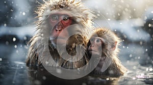 AI generated illustration of two primates sitting in the water while it's snowing