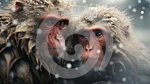 AI generated illustration of two primates sitting in the water while it's snowing