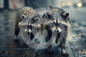 AI-generated illustration of Two raccoons strolling in rain on urban street