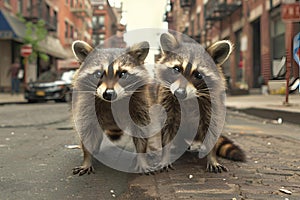 AI-generated illustration of Two raccoons strolling in rain on urban street