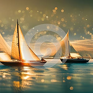 AI generated illustration of two sailboats gliding along a tranquil lake on a sunny day
