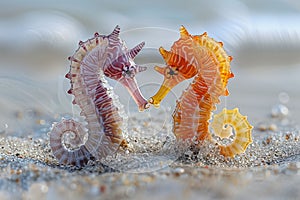 AI generated illustration of two seahorses sharing a kiss on a sandy shore