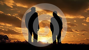 AI generated illustration of two silhouetted figures in a grassy hill at sunset