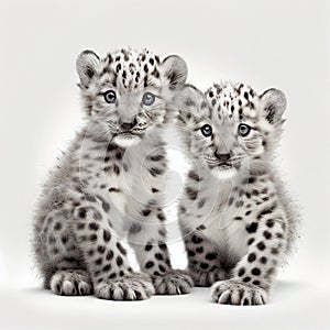 AI generated illustration of two snow leopard cubs perched in a white room