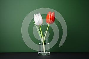 AI-generated illustration of two tulips in a transparent vase