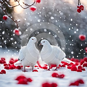 AI-generated illustration of two white doves perched on a snowy landscape