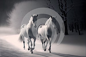 AI generated illustration of  two white horses running in a snowy forest