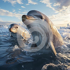 AI generated illustration of two wild dolphins swimming in a body of water