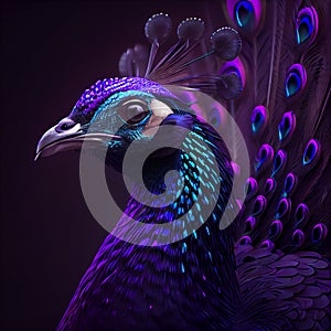 AI generated illustration of an ultra purple and blue fluorescent peacock with a fully fanned tail