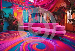 AI generated illustration of an unconventional living room with pink and blue decor