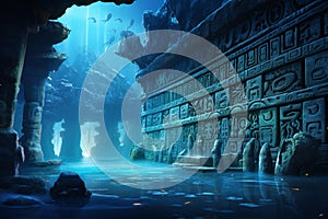 AI generated illustration of an underwater city, replete with stunning stone carvings