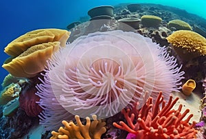 AI generated illustration of an underwater scene with diverse corals