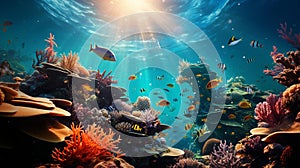 AI generated illustration of an underwater scene featuring a vibrant array of fish swimming photo