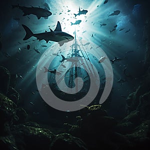 AI generated illustration of an underwater scene of a group of sharks swimming around a sunken ship