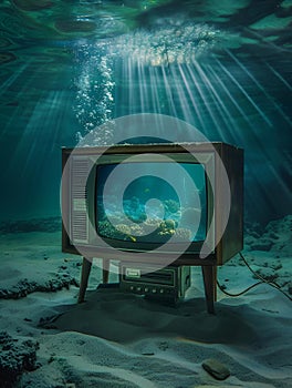 AI generated illustration of an underwater scene on TV with light rays