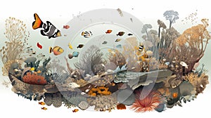 AI generated illustration of a underwater seascape painting with cartoon fish