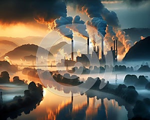 AI generated illustration of an urban landscape featuring industrial smoke stacks