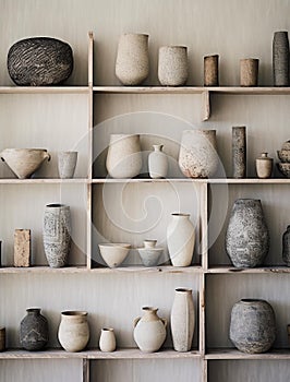 AI-generated illustration of a variety of decorative ceramic vases and bowls arranged on a shelf