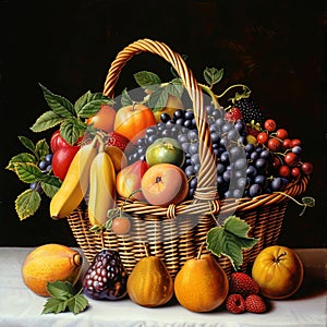 AI generated illustration of a variety of fresh fruit in a woven basket on a colorful tablecloth