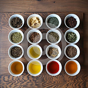 AI generated illustration of Various herbs and spices neatly arranged in a line of small bowls
