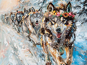 AI generated illustration of various multicolored wolves frolic in the snow in this vibrant painting