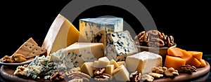 AI generated illustration of various types of cheese and nuts placed on platter