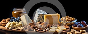 AI generated illustration of various types of cheese and nuts on a wooden board