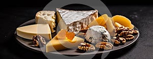 AI generated illustration of various types of cheese and nuts on a wooden board