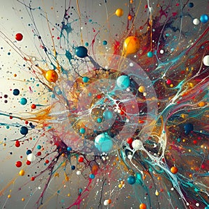 AI generated illustration of vibrant abstract paint and sprayballs burst on wall