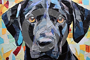 AI generated illustration of a vibrant, abstract paper collage artwork of a black dog