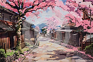 AI generated illustration of a vibrant artwork of a blooming tree at a street intersection