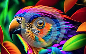 AI generated illustration of a vibrant avian perched atop a verdant shrubbery