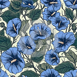 AI generated illustration of a vibrant background with seamless Morning Glory flower patterns